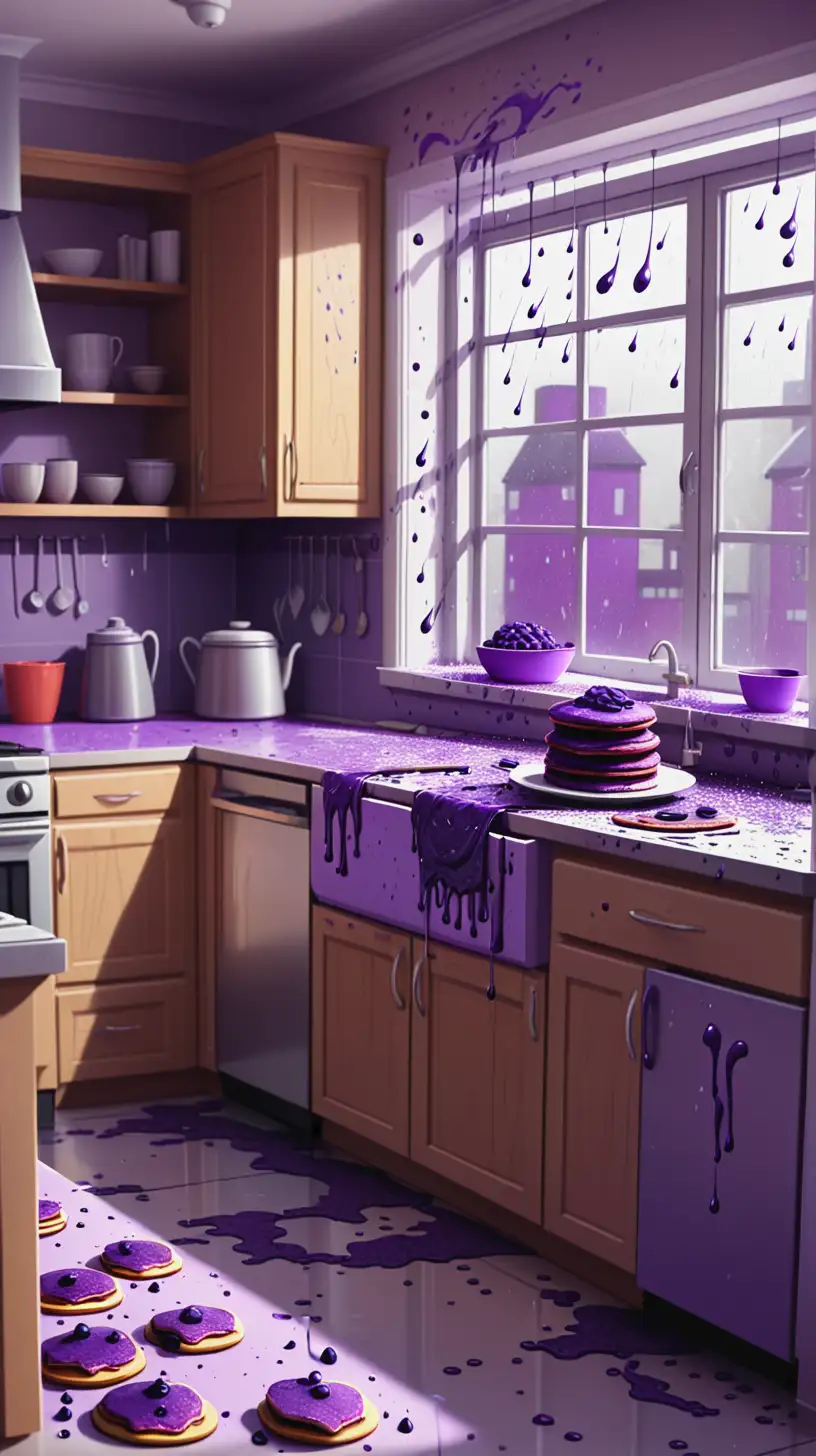 cartoon beautiful big kitchen with purple pancakes on the counter, a mixing bowl, sugar, an open cabinet with bottle of syrup falling over and purple splatter on the countertop, big window in kitchen it is raining outside
