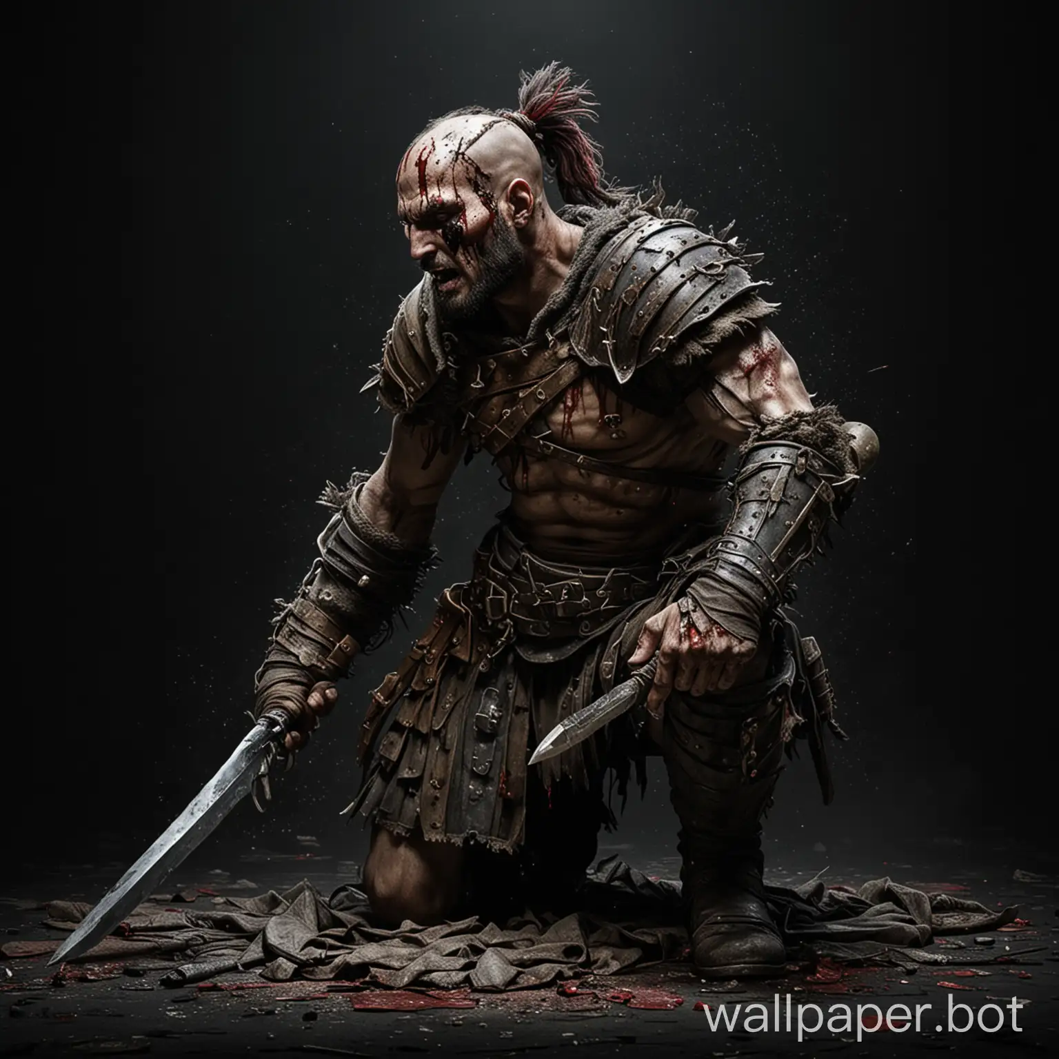 Draw a fantasy beaten wounded cowardly warrior on a black background