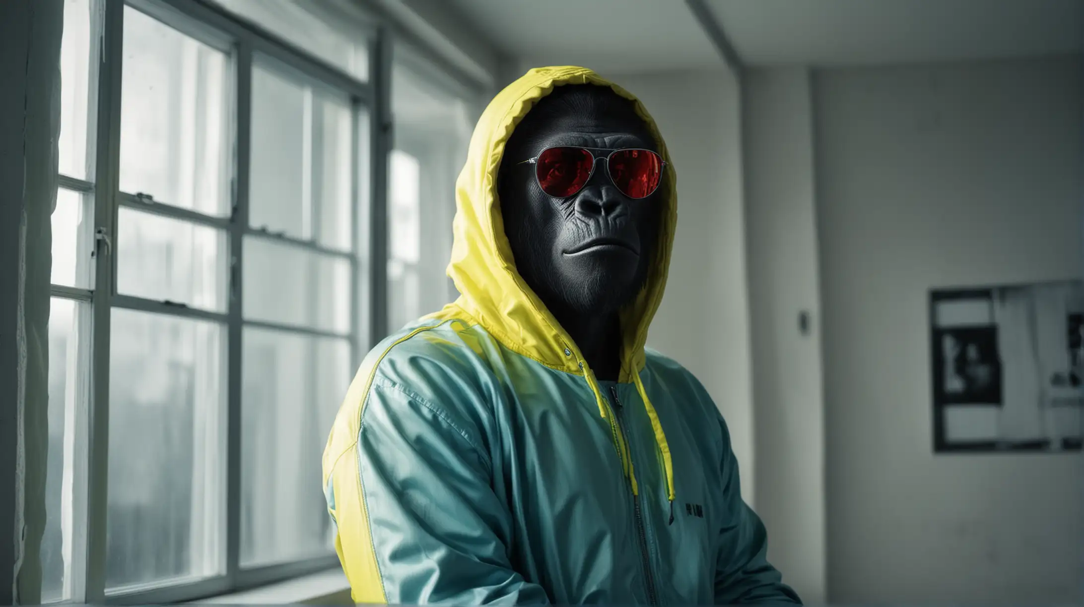  gorilla poses standing in a large white salon, next to a window. he is wearing sunglasses and yellow tracksuit like the one in breaking bad tv series with hoodie over his head. he wears light blue latex gloves. sleek style in black and white background posing like a high fashion model-serious sexy face. Room is quite dark, with bright red blue and green neon lights coming out from outside the window reflecting to his face. realistic photographic. low angle camera. 