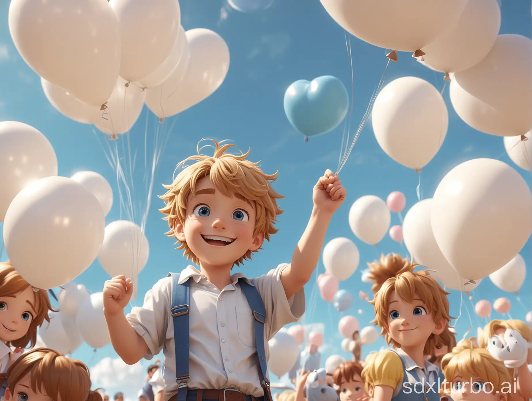 A ten-year-old smiling dreamy boy, with slightly curled golden hair, blue eyes, wearing a white short-sleeved shirt on top, a blue vest, brown shorts, and brown boots. 3D anime style. The little boy saw a huge balloon castle with balloons of various shapes inside. He jumped between the balloons, feeling like he was strolling in the sky. 3D anime style.