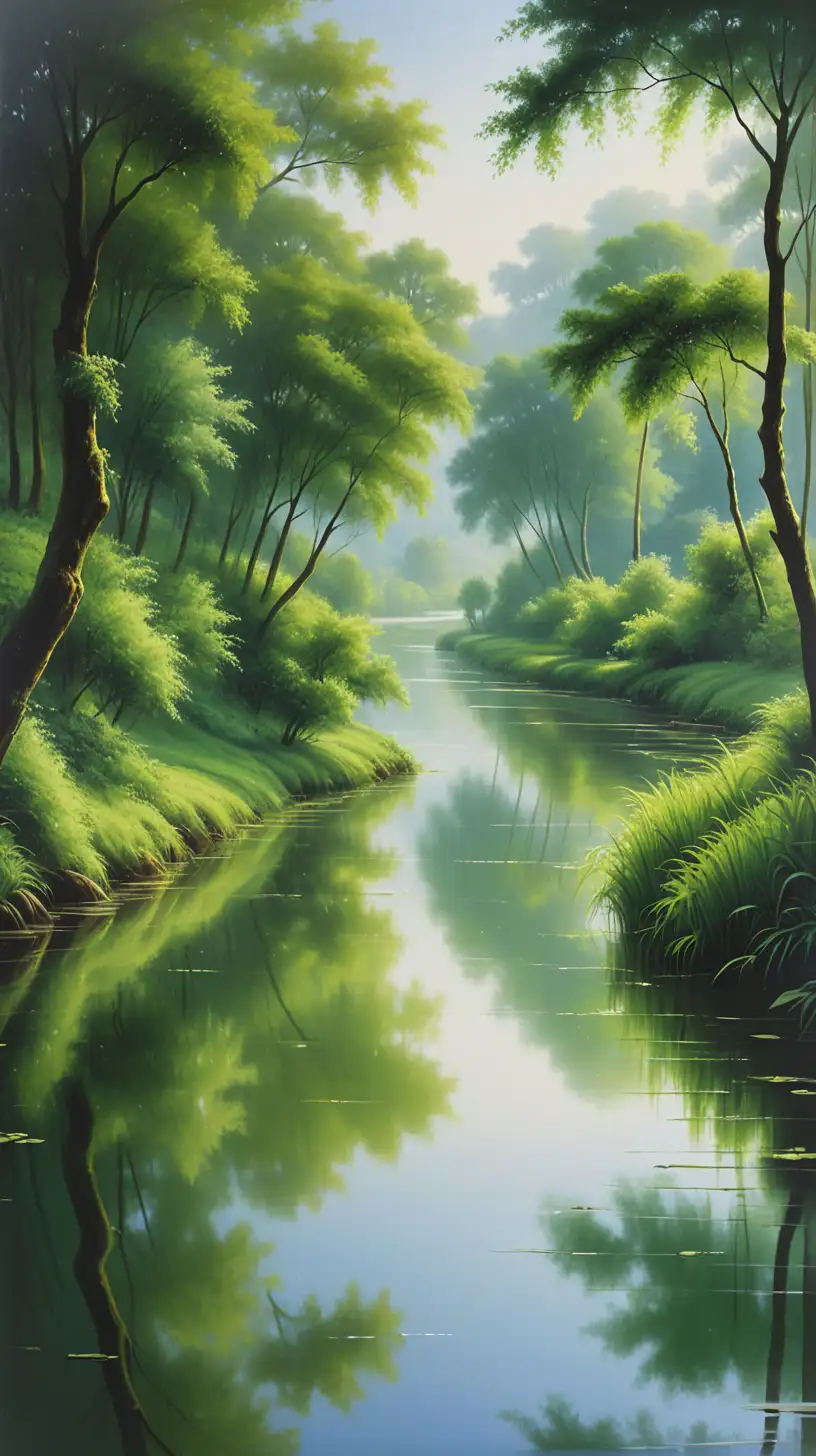 a serene and picturesque landscape. It features a tranquil river winding through lush greenery, with overhanging trees casting their reflections on the water’s surface. The overall mood is calm and harmonious, inviting viewers to immerse themselves in the natural beauty of this idyllic scene.
