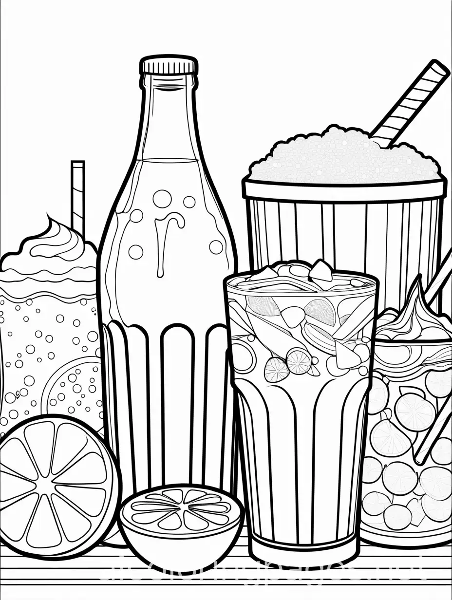 CREATE A COLORING PAGE OF SOFT DRINKS , Coloring Page, black and white, line art, white background, Simplicity, Ample White Space. The background of the coloring page is plain white to make it easy for young children to color within the lines. The outlines of all the subjects are easy to distinguish, making it simple for kids to color without too much difficulty