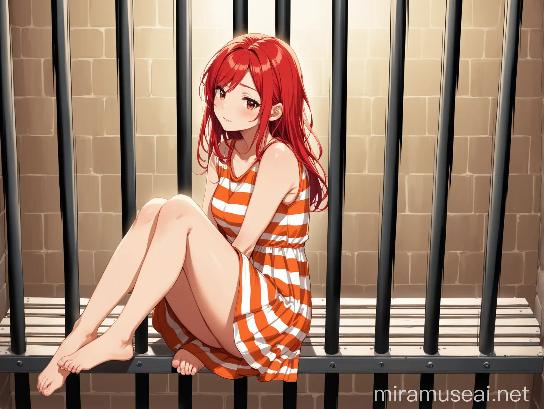 RedHaired Prisoner Resting Behind Bars in Short Dress