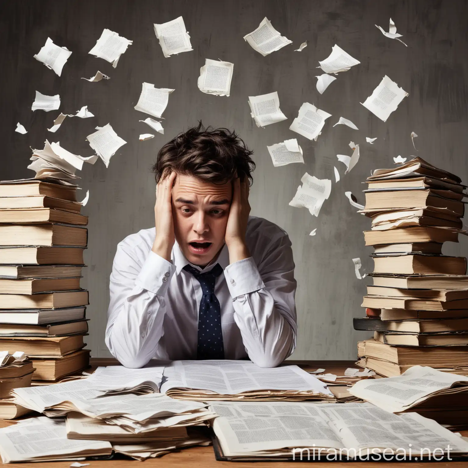 Overwhelmed Student at Desk Surrounded by Books and Papers