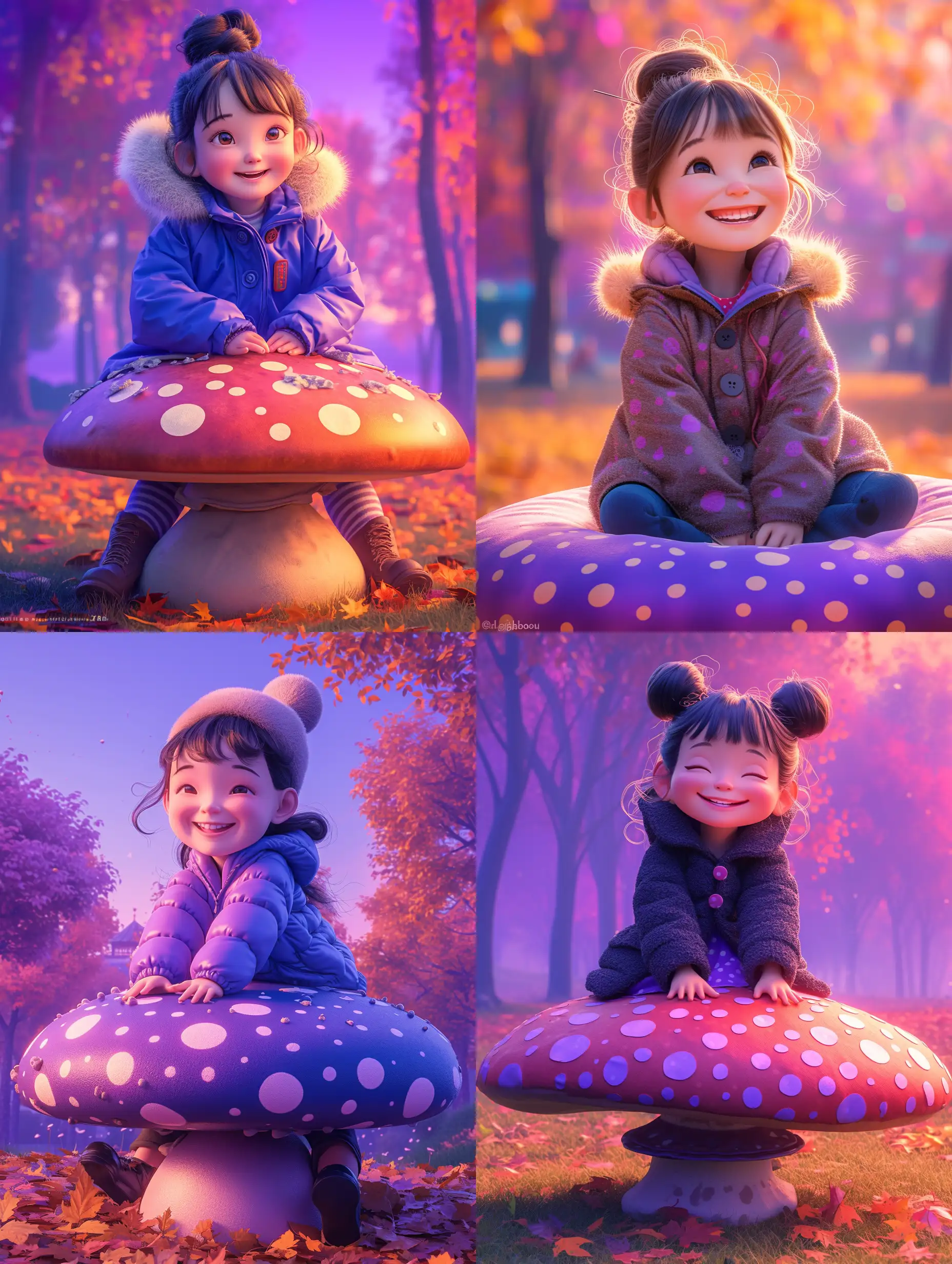 a happy smiling little chinese girl disney princess in parka, sitting on a big myshroom, polka dots, park, purple pink orange autumn colors, dawn, 3D render, doll-like,  CGI VFX fine art, ZBrush HDR | color grading | dark shadows | ambient occlusion | high resolution | intricate | hyperrealistic textures, against an ultra-realistic background with high details and surreal elements. :: anime::-0.1 --niji 6 --s 250