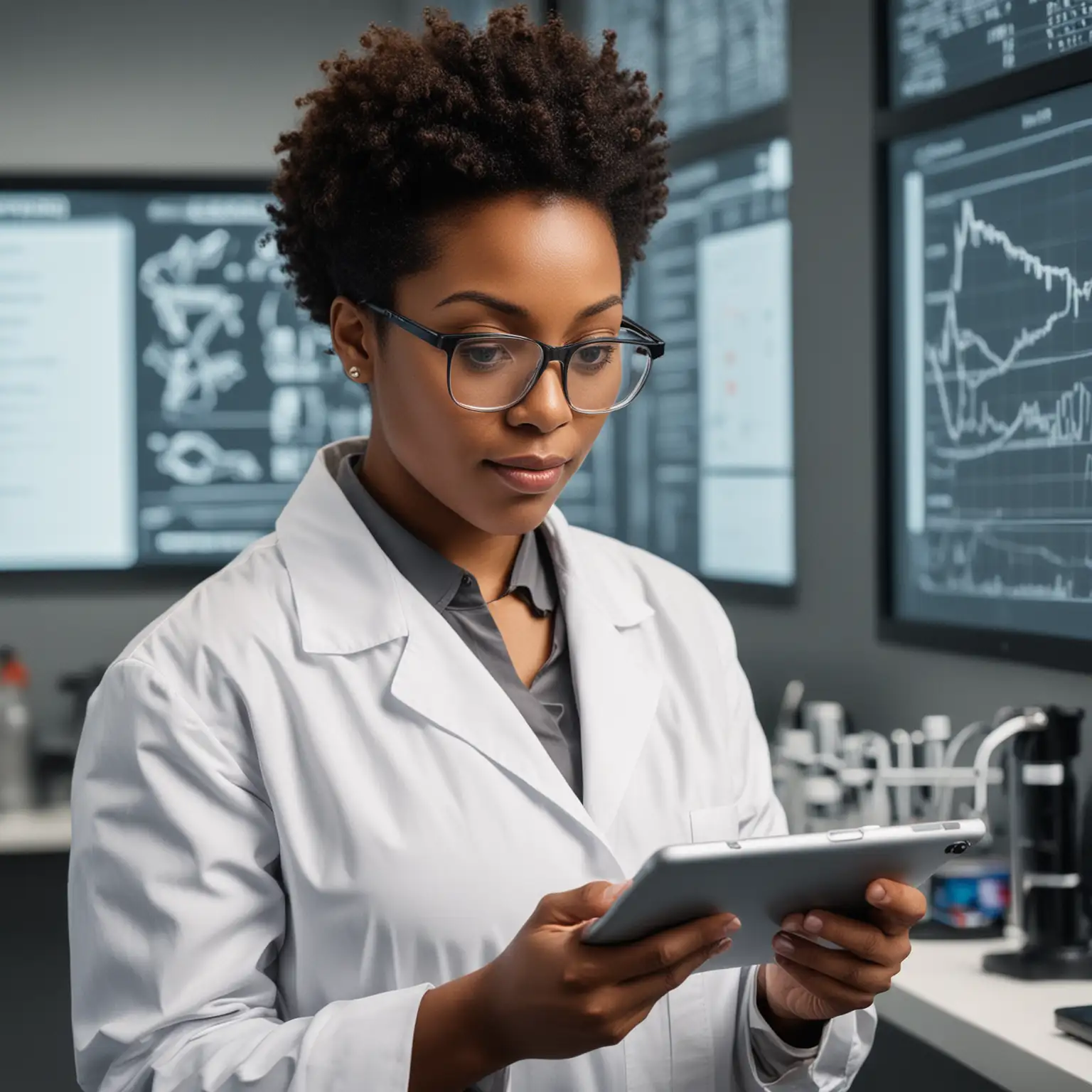 black female scientist reading a chart on an ipad
