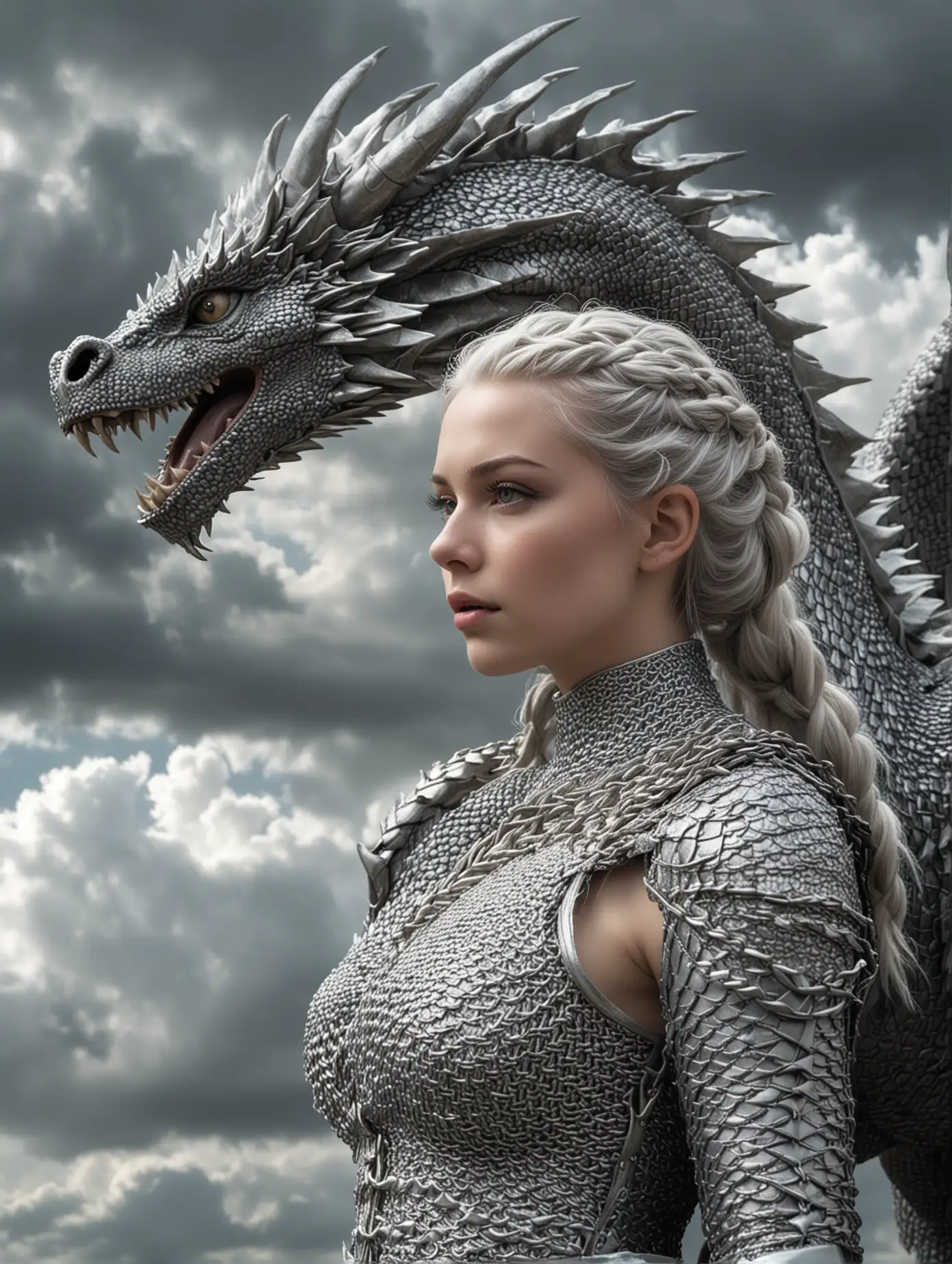 High resolution photo of a young woman, with braided silver hair and pale white skin, wearing chainmail, on a giant grey and silver dragon in the sky, wind blowing her hair, medieval fantasy setting