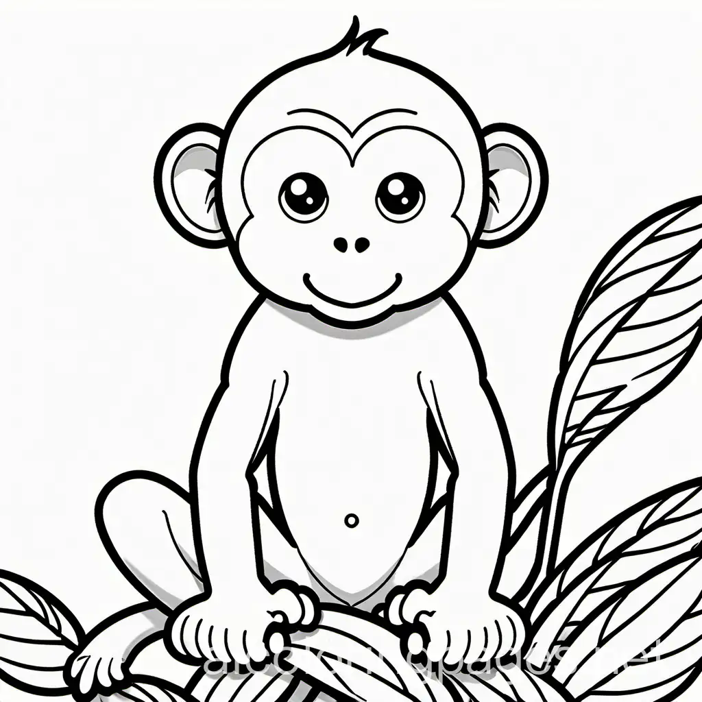 Monkey, Coloring Page, black and white, line art, white background, Simplicity, Ample White Space