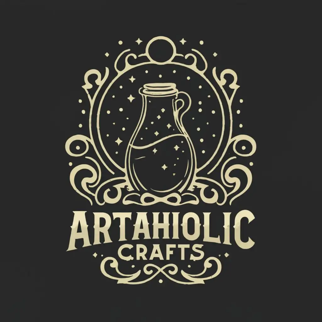 a logo design,with the text "artaholiccrafts", main symbol:moonshine jug,complex,clear background