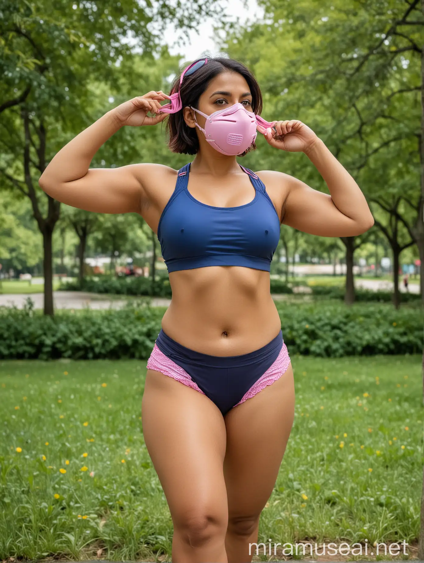 a bodacious, buxom, indian woman in her late 30s with bobbed hair, in a respirator mask, stretching in running shoes, in a park, wearing a sports bra, and high-waisted french cut bikini bottoms, blue with pink trim