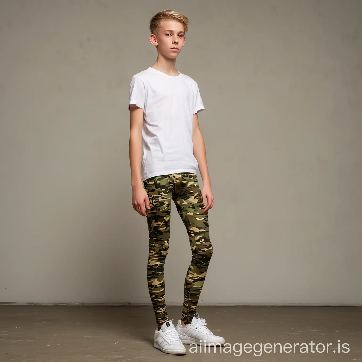 a 16-year-old very very skinny blonde boy dressed in camouflage tights and a white t-shirt