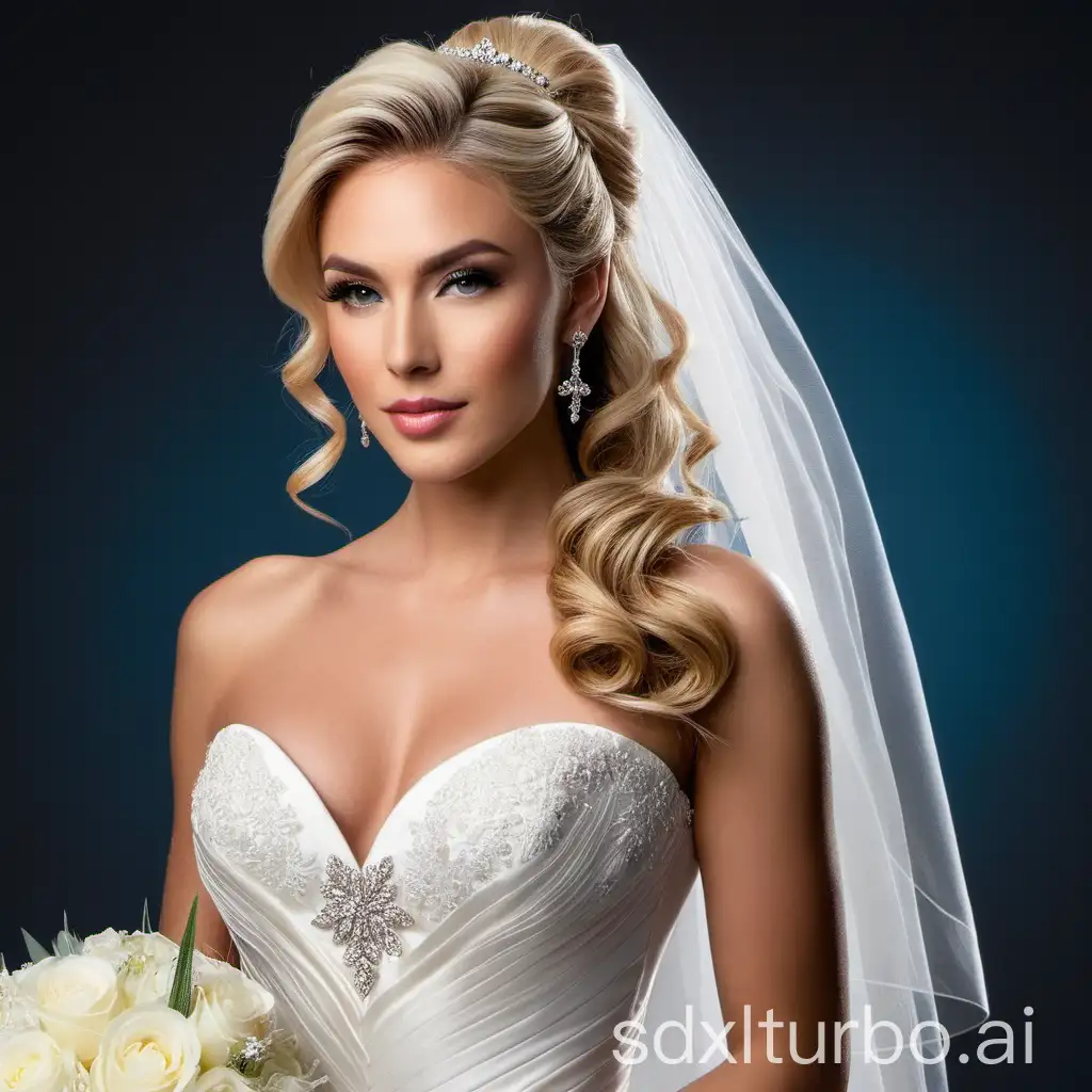 a beautiful, gorgeous, transgender Caucasian man with long wavy coiffed ponytail hair, dressed in a bridal gown