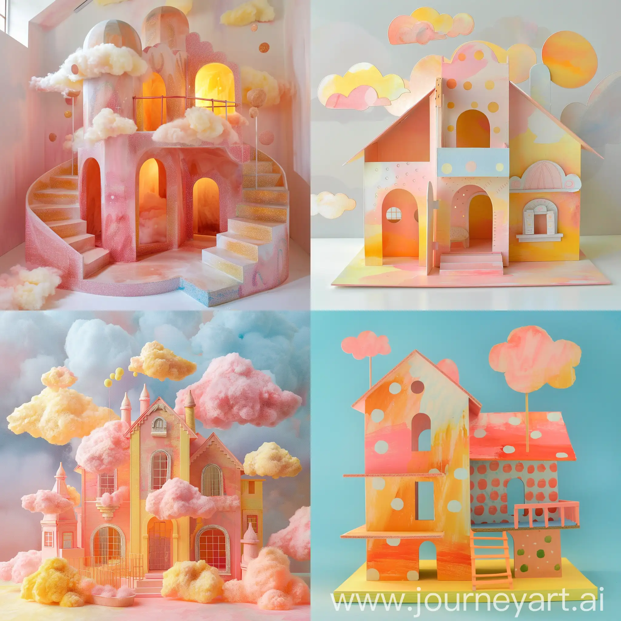 a doll house made of pink yellow orange soft pastel clouds and dots 