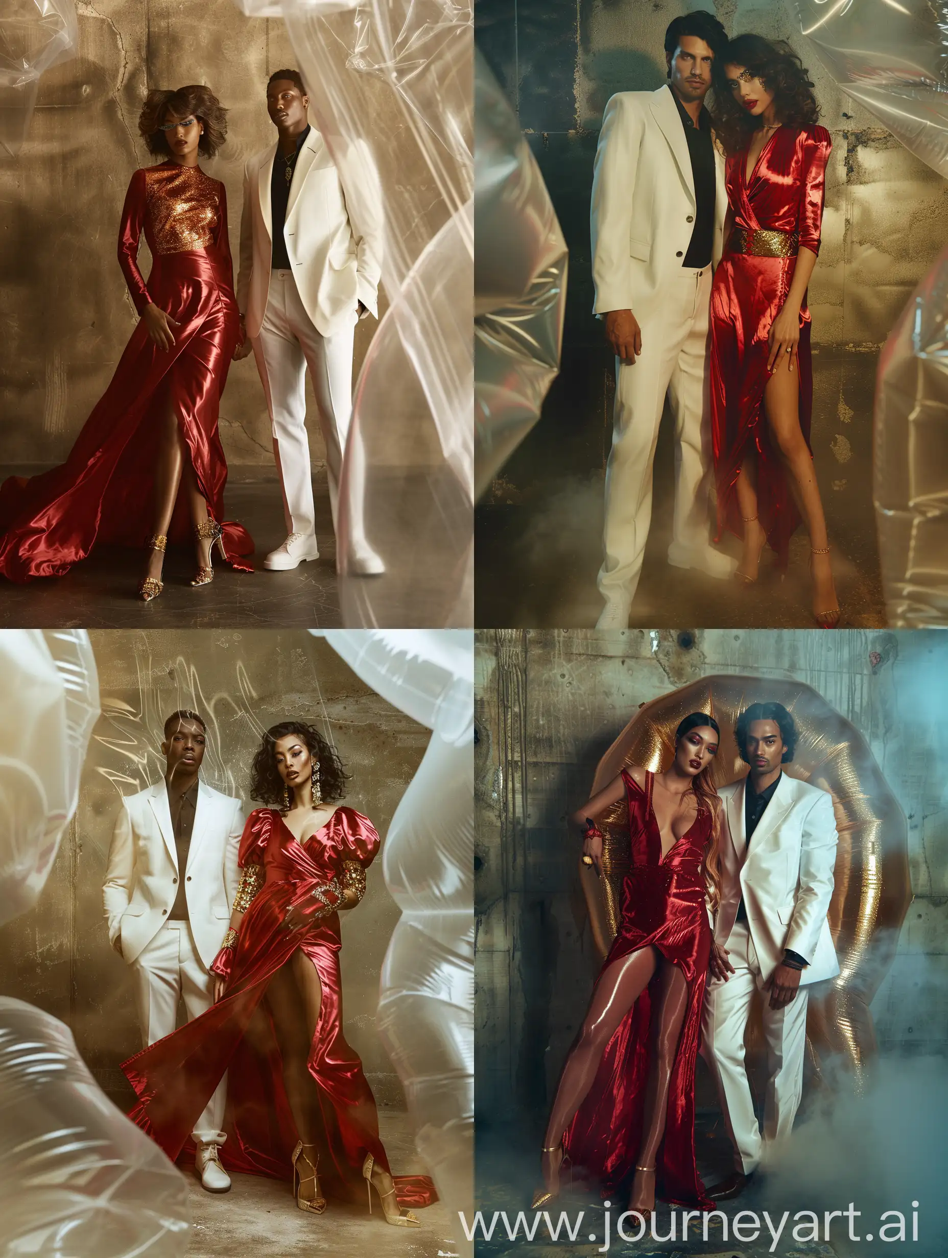Generate a high-resolution image in an empty studio with a wall room background. The style is an editorial fashion campaign inspired by "Scarface" and Miami in the 1980s, featuring a close-up portrait of a couple in glamorous, opulent attire with a Heron Preston streetwear twist. Apply an Action Film Look-Up Table (LUT) for rich colors and dramatic tones, and use camera blur and haze for a dreamy, cinematic effect. The nighttime theme should be evident through dramatic lighting. The woman wears a red silk dress with gold accents, high heels, voluminous waves, and dramatic makeup. The man wears a white suit, black shirt, and gold accessories. Include an intricate inflatable technical textile as the main element, ensuring detailed textures are prominent. The aspect ratio is 4:5 (vertical).