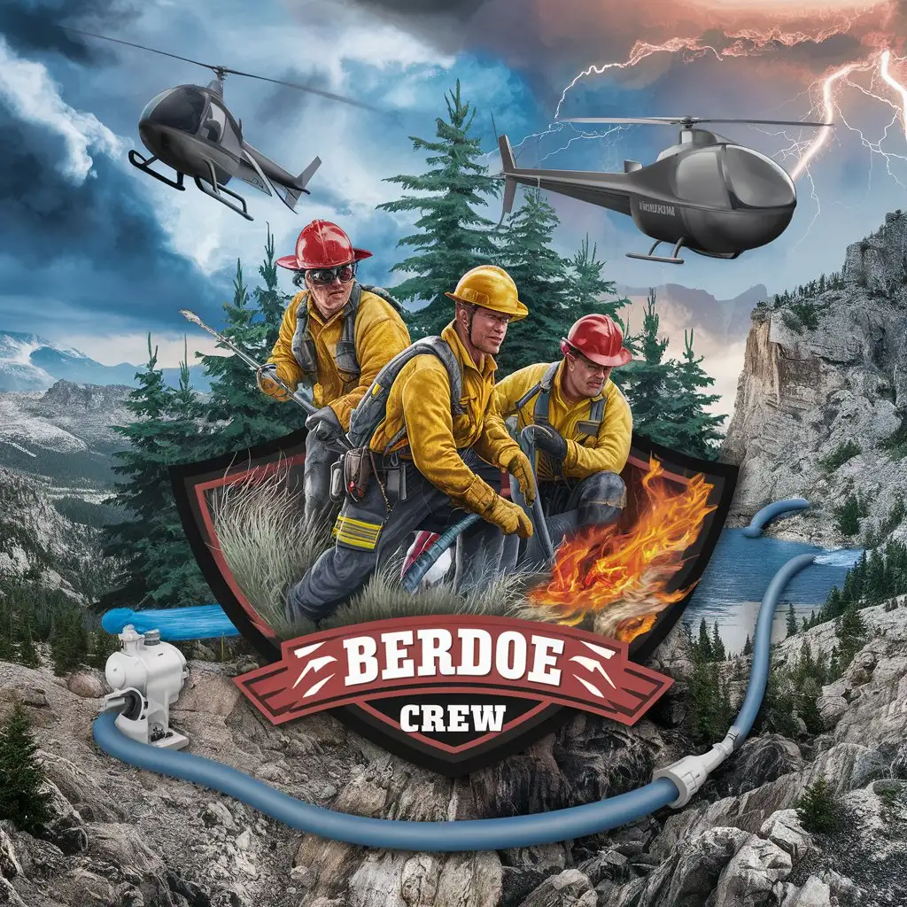a logo design,with the text 'Berdoe Crew', main symbol:3 wildfirefighters fighting fire that is spreading through spruce trees on a mountain, include cloud and lightening and a helicopter with a bucket flying overhead, attached to the center of the bottom of the helicopter include a firefighting water bucket, include a water pump with a hose going all the way to the fire and a river connected to a lake. include 1 member holding a hose and nozzle with the others nearby using hand tools, one a shovel and one a axe. Logo on fire and sharp terrain on the mountains including a cliff. the bucket should be under the very center of the helicopter and smooth like a large rubber bag kinda,complex,clear background only have 2 wildland firefighters wearing yellow nomex and red hardhats, then one wearing yellow nomex and a blue hardhat.