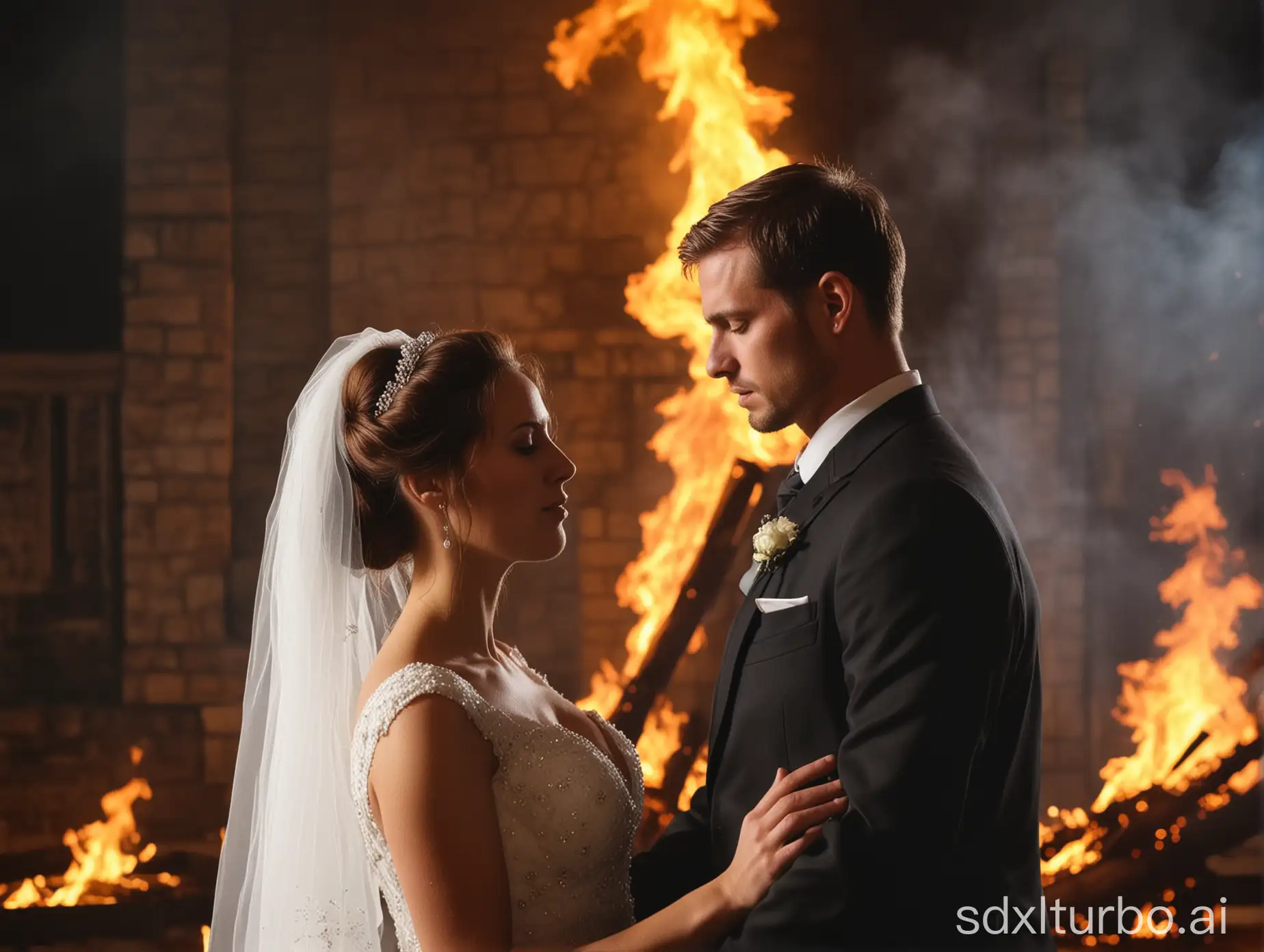 A midshot of a christian sad wedding couple, fire in background