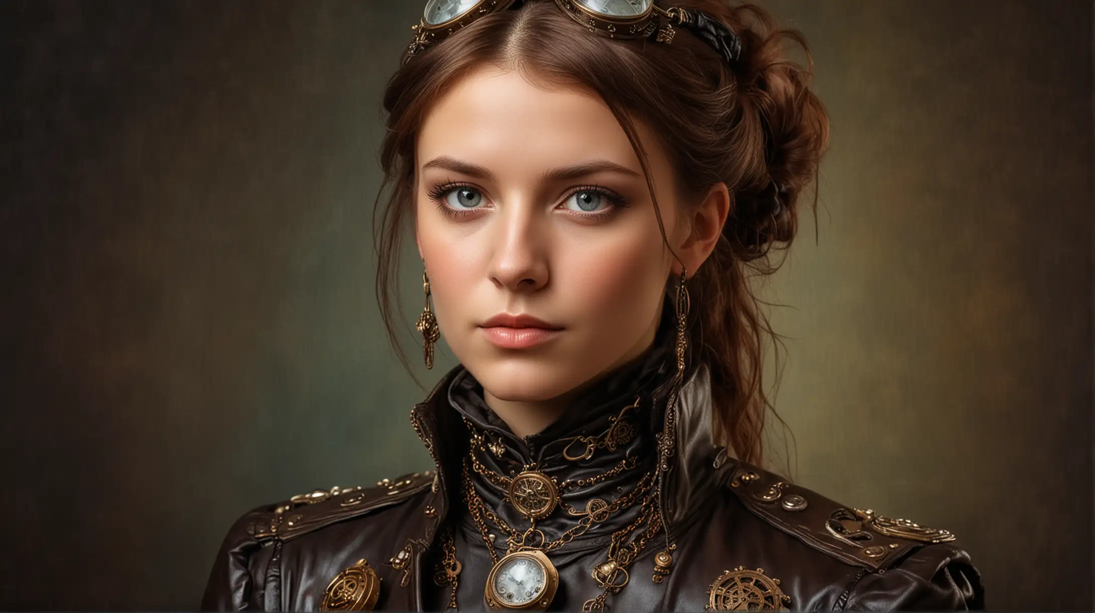 Portrait of a Young Steampunk Noble Woman in Leather Suit and Jewelry