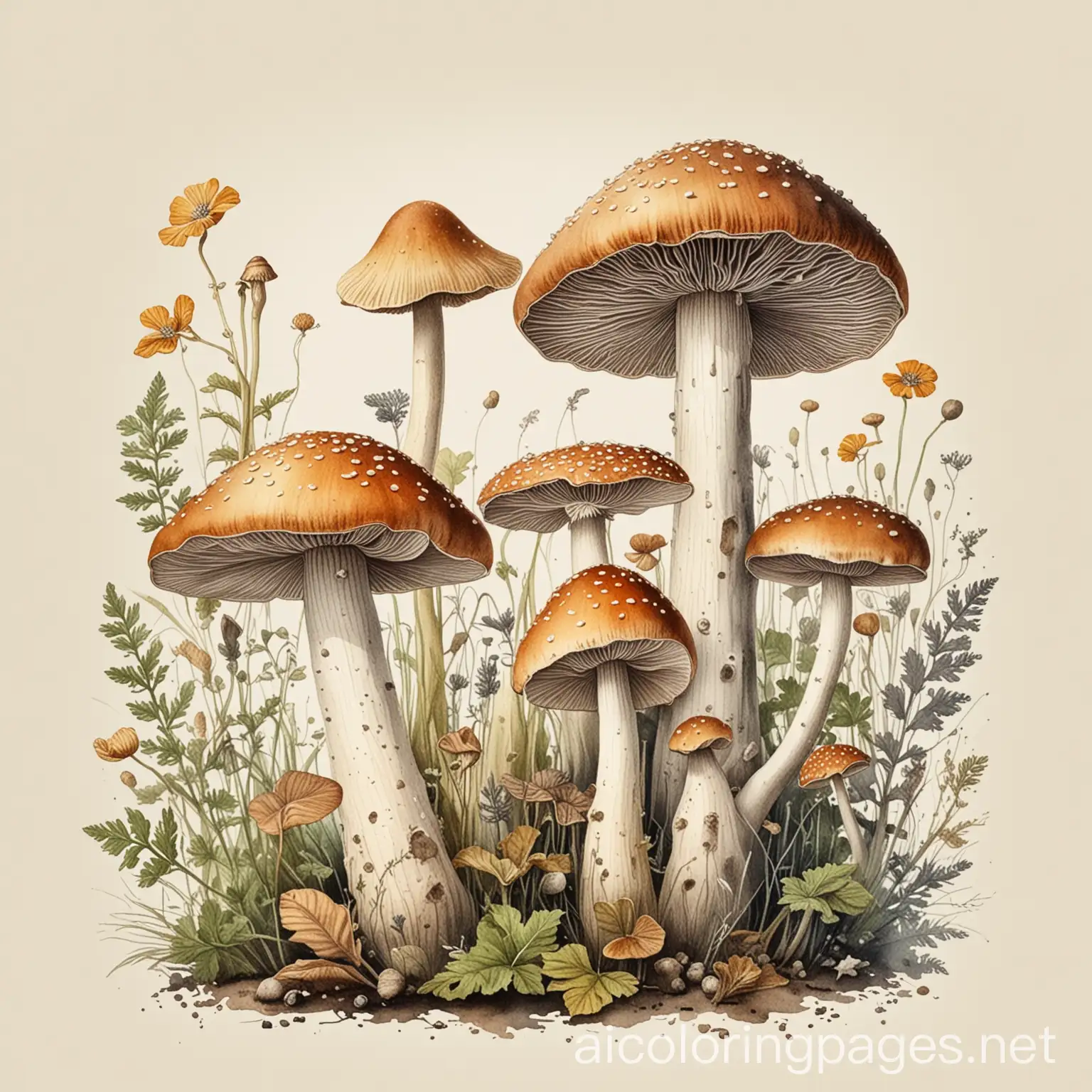 Stunning Vintage Mushrooms Watercolor Illustration, Coloring Page, black and white, line art, white background, Simplicity, Ample White Space. The background of the coloring page is plain white to make it easy for young children to color within the lines. The outlines of all the subjects are easy to distinguish, making it simple for kids to color without too much difficulty