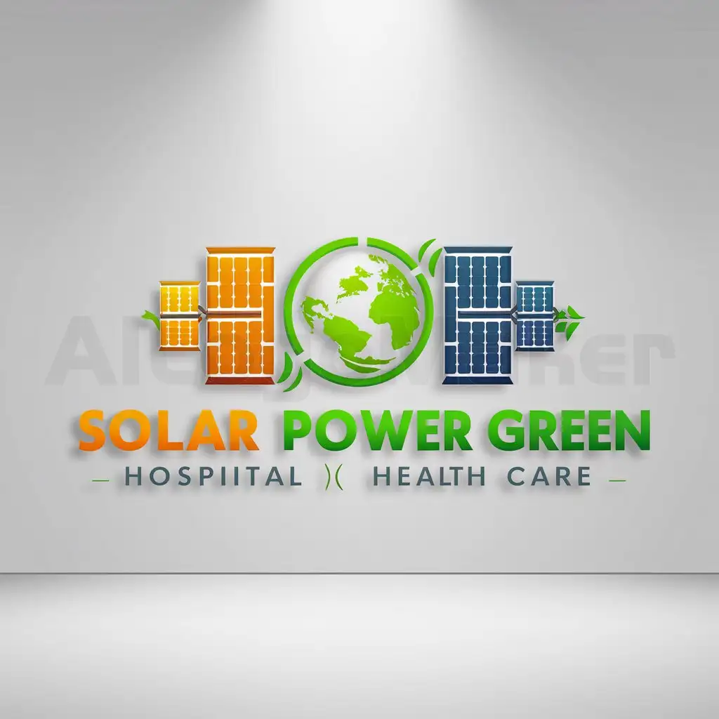 a logo design,with the text "Solar Power Green", main symbol:paneles solares/hospital/medio ambiente,complex,clear background