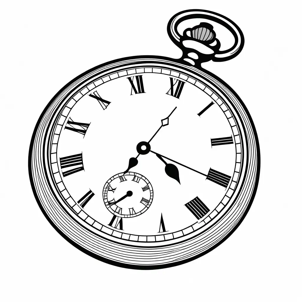 Pocket watch, Coloring Page, black and white, line art, white background, Simplicity, Ample White Space. The background of the coloring page is plain white to make it easy for young children to color within the lines. The outlines of all the subjects are easy to distinguish, making it simple for kids to color without too much difficulty.