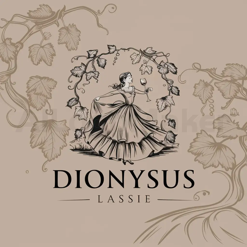 a logo design,with the text "Dionysus lassie", main symbol:grapevine/girl/dance,Moderate,clear background