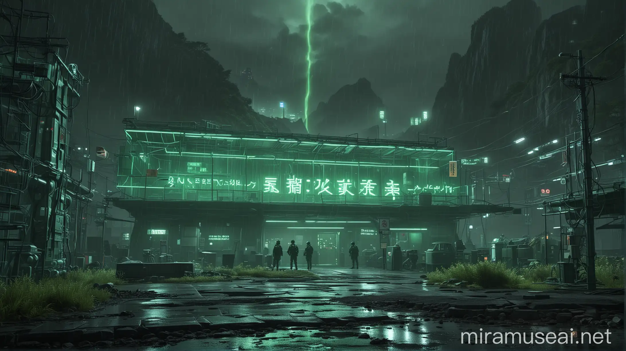 Realistic Japanese research centers buildings with one worker around it, green neon and huge neon lights inside the part, its color shadow on the floor, Rainy weather, staff in dark green uniforms and helmets, Atmospheric and cinematic, The huge structures, A dark green smoke rose from the research centers environment and spread in the air, The image space is outside the realistic research center.
with huge satellite antennas,
A huge cubic green neon object,
in the Realistic mountains.
atmospheric and cinematic.
All overall dark green image theme.
Very big lights and lots of green neon lights.
The neon lights in the image should be very bright throughout the image.
The neon lights in the picture should be very bright in the dark
The neon lights in the picture should be very bright.
Very large and bright neon lamps in the structure.
Shades of green throughout the image.
3D.
Several large advanced and strange buildings nearby.
With large Japanese inscriptions on the structure.