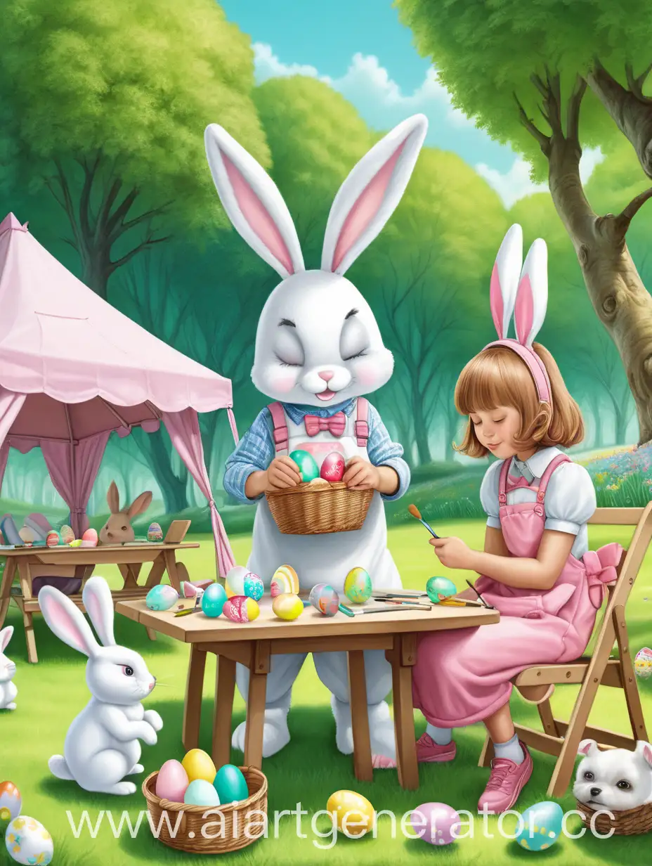 Easter-Bunny-Girl-and-Guy-Painting-Eggs-in-Park-Setting