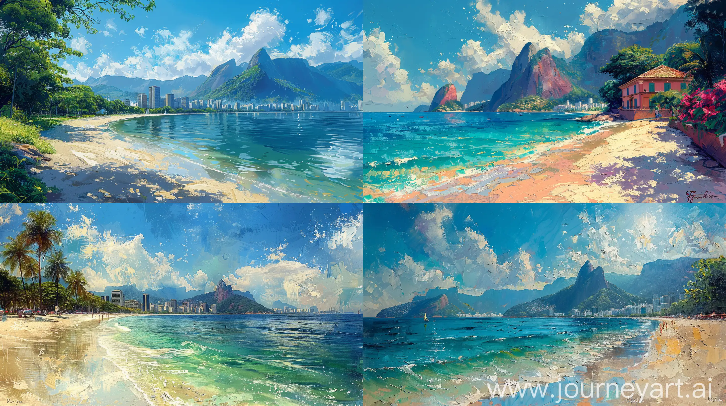 rio de janeiro, summer, sunny day, in the style of most popular oil paintings, vibrant colors, realistic shadows, realistic reflections, detailed brush strokes, textured canvas effect, high resolution --stylize 750 --ar 16:9