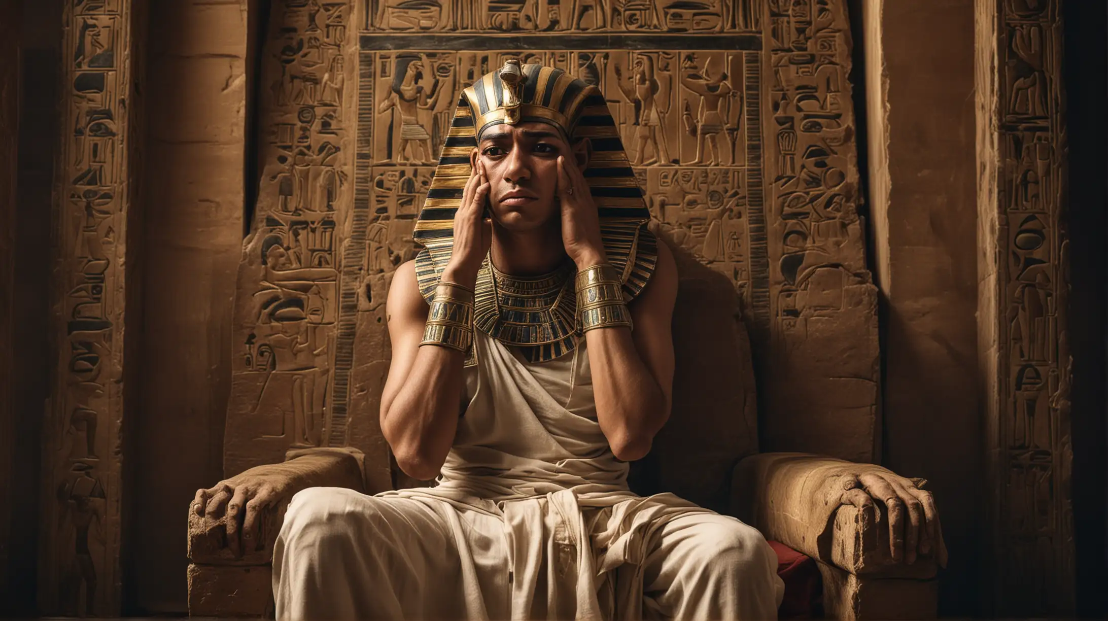 Fearful Pharaoh Sitting on Throne Eyes Covered in Anxiety and Despair
