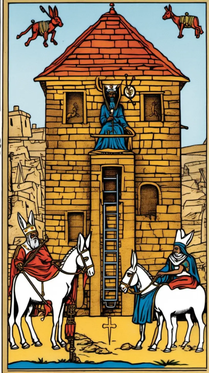 In the Marseille Tarot deck, a depiction of the Chariot card can be seen with the number 7 in the upper left corner, in this version, the Chariot is represented as a brick house with four wheels on tracks, an elderly egyptian pope sits atop the structure, guiding it, while two donkeys pull it forward, enticed by dangling carrots, additionally, a spider and a needle are included in the maritime scenario