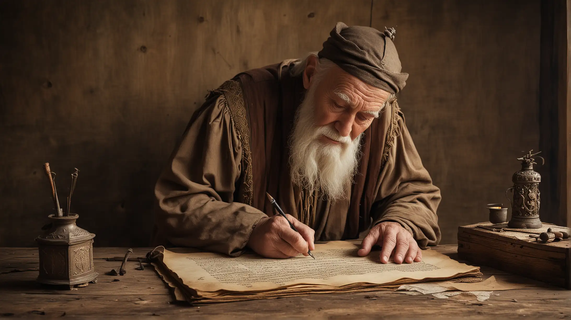 an old wise man writing on an old manuscript on an old wooden desk.