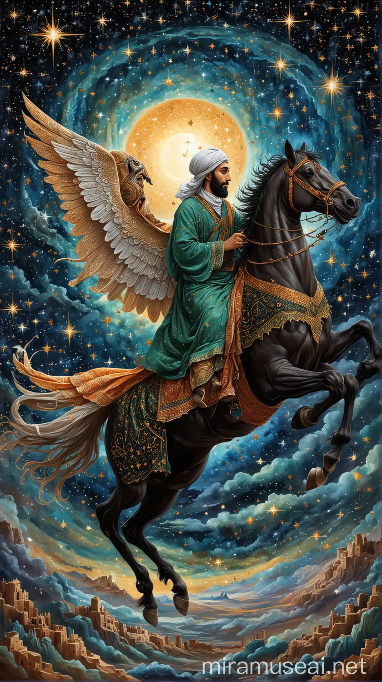 D: Prophet Muhammad's (PBUH) Night Journey (Isra and Miraj)
A majestic depiction of Prophet Muhammad (PBUH) riding the winged horse Buraq, ascending through a vibrant night sky filled with stars and celestial bodies. Emphasize Islamic geometric patterns ($K) in the background and the Prophet's (PBUH) peaceful expression.