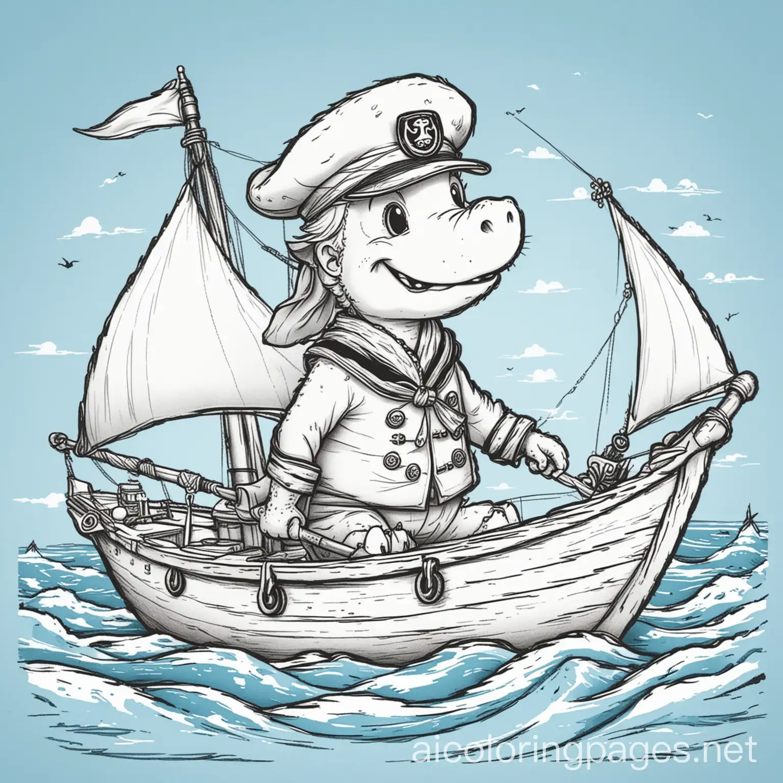 A disney cartoon type style cute crocodile dressed as a sailor on a yacht with sails, the open sea, and a clear blue sky. Colouring Page, black and white, line art, white background, Simplicity, Ample White Space. The background of the colouring page is plain white to make it easy for young children to colour within the lines. The outlines of all the subjects are easy to distinguish, making it simple for kids to colour without too much difficulty , Colouring Page, black and white, line art, white background, Simplicity, Ample White Space. The background of the colouring page is plain white to make it easy for young children to colour within the lines. The outlines of all the subjects are easy to distinguish, making it simple for kids to colour without too much difficulty , Coloring Page, black and white, line art, white background, Simplicity, Ample White Space. The background of the coloring page is plain white to make it easy for young children to color within the lines. The outlines of all the subjects are easy to distinguish, making it simple for kids to color without too much difficulty