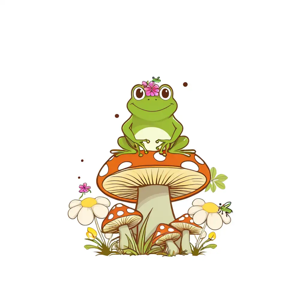 Whimsical Retro Frog Sitting on Mushrooms and Flowers