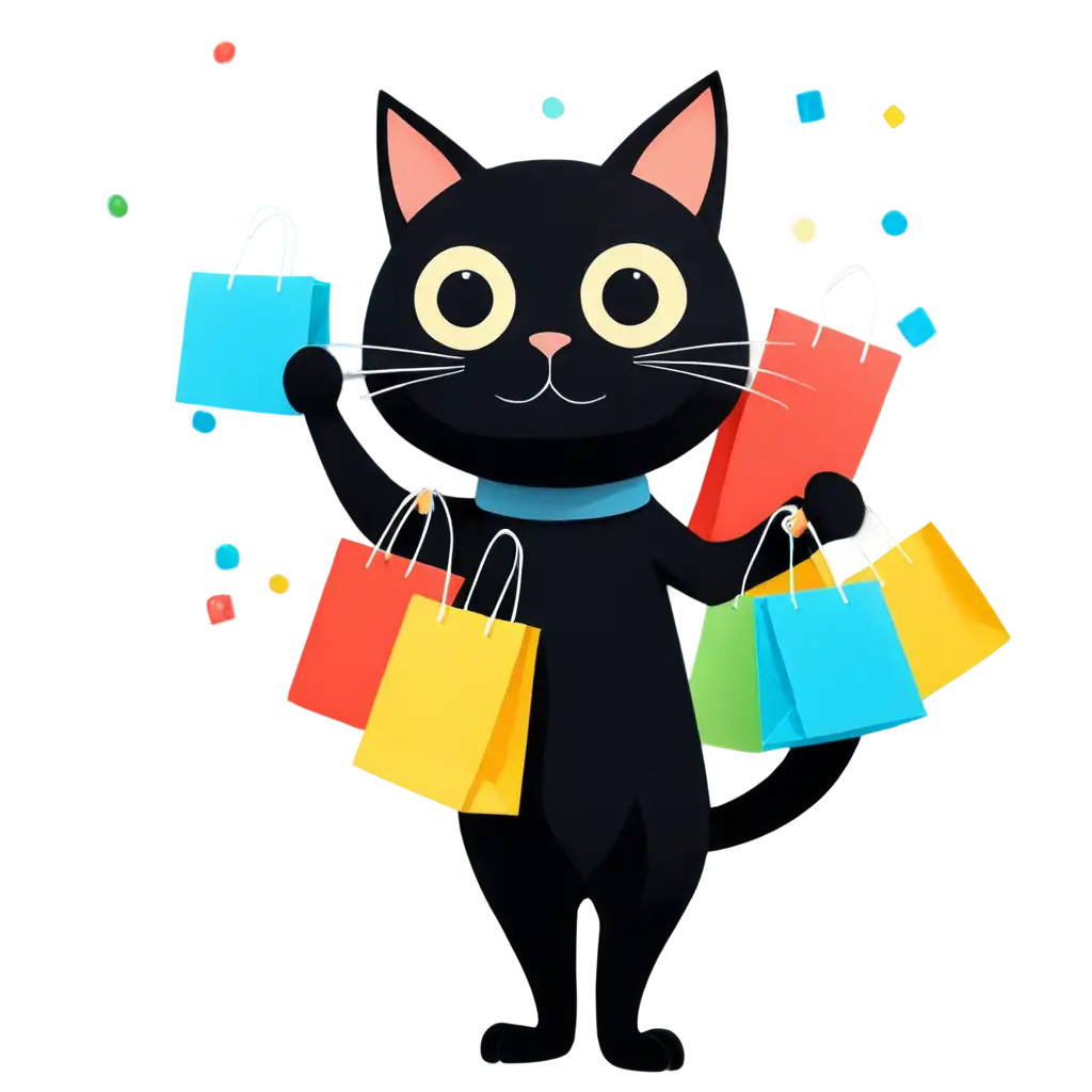 happy cartoon black cat with big eyes holding colorful shopping bags in its paws against a background of colorful falling dice