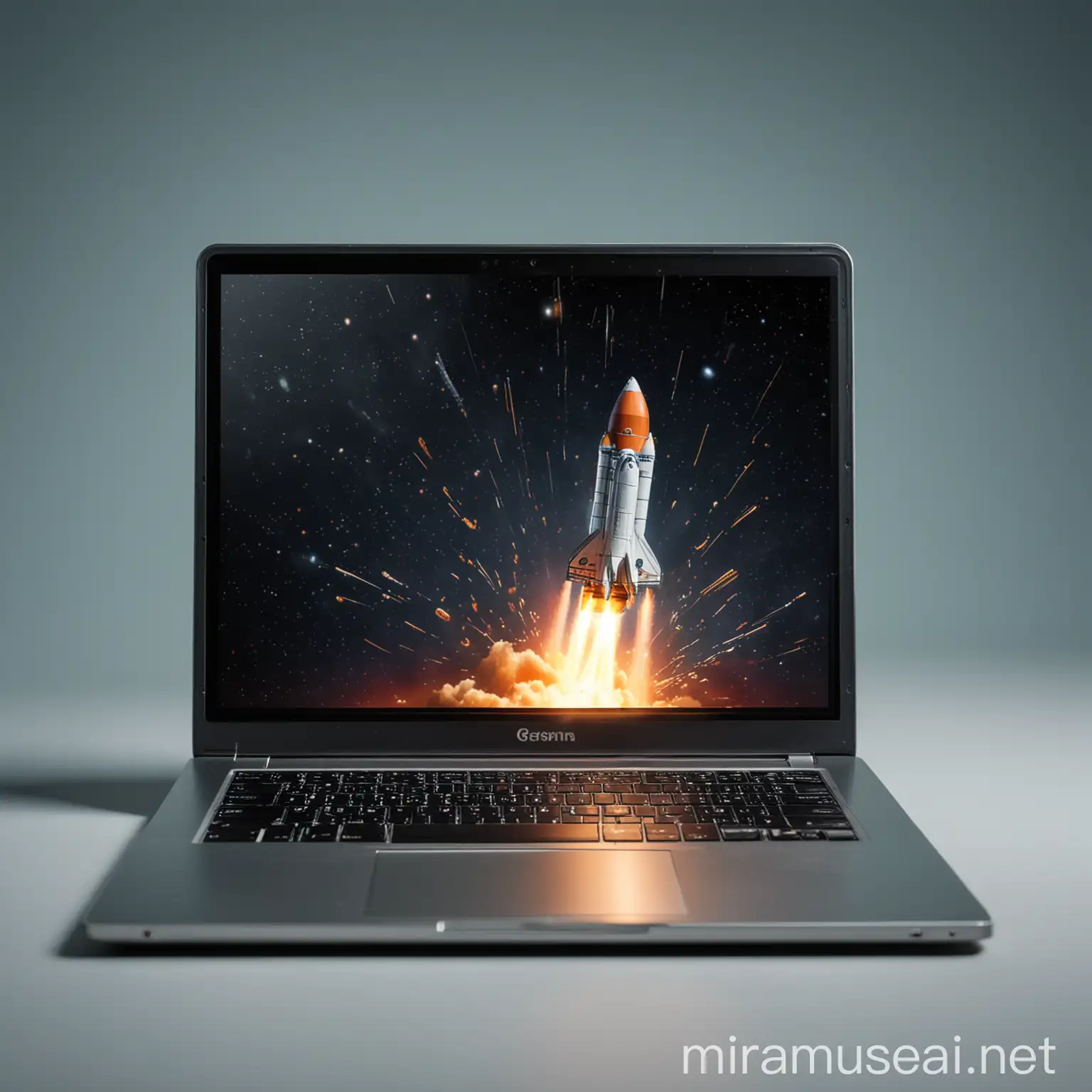 A small rocket that has an open top of the laptop and infinite speed is shown on the laptop screen. The image should be small so that the laptop falls completely.