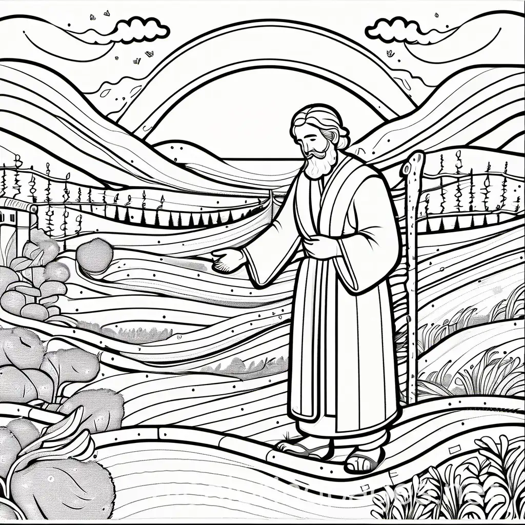 noah tending after the gardern, Coloring Page, black and white, line art, white background, Simplicity, Ample White Space. The background of the coloring page is plain white to make it easy for young children to color within the lines. The outlines of all the subjects are easy to distinguish, making it simple for kids to color without too much difficulty