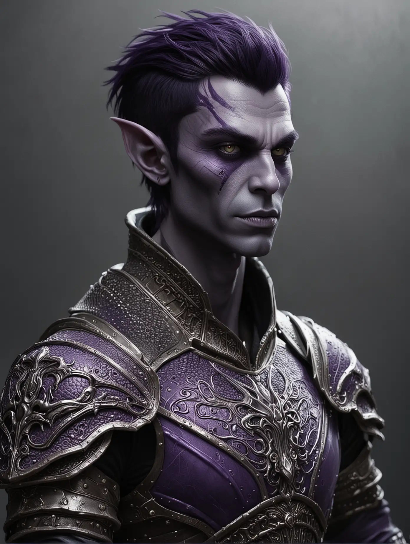 ( (alien man) | (young man) ) (medieval fantasy) ), (purple skin:1.39), [drow/goblin], (short hair;dark hair) (elaborate armour)