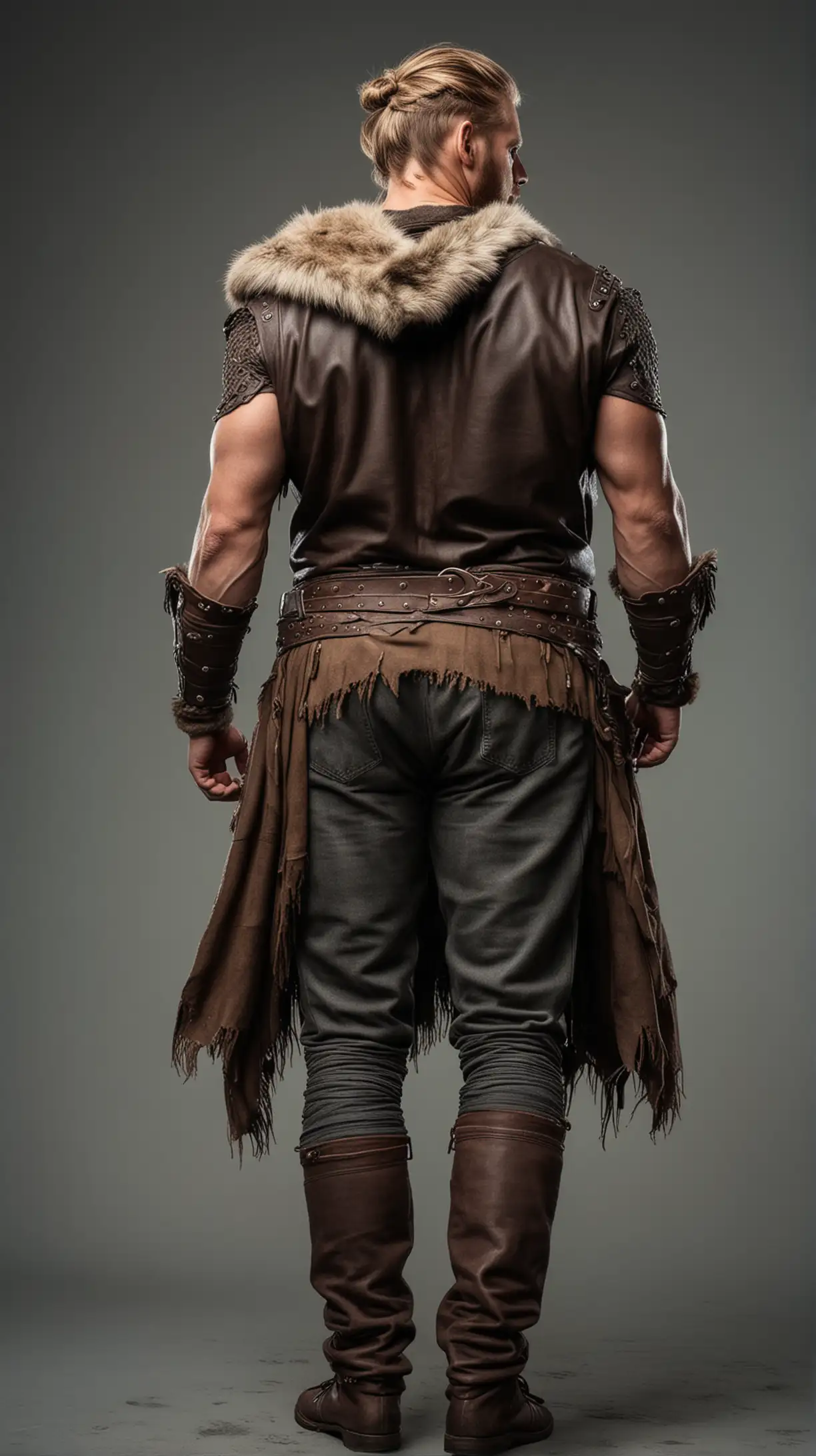 male muscular viking warrior, back view, full body, showing no face=, hair tied high, wearing pants and viking gear, leather sleeves, fur shawl
