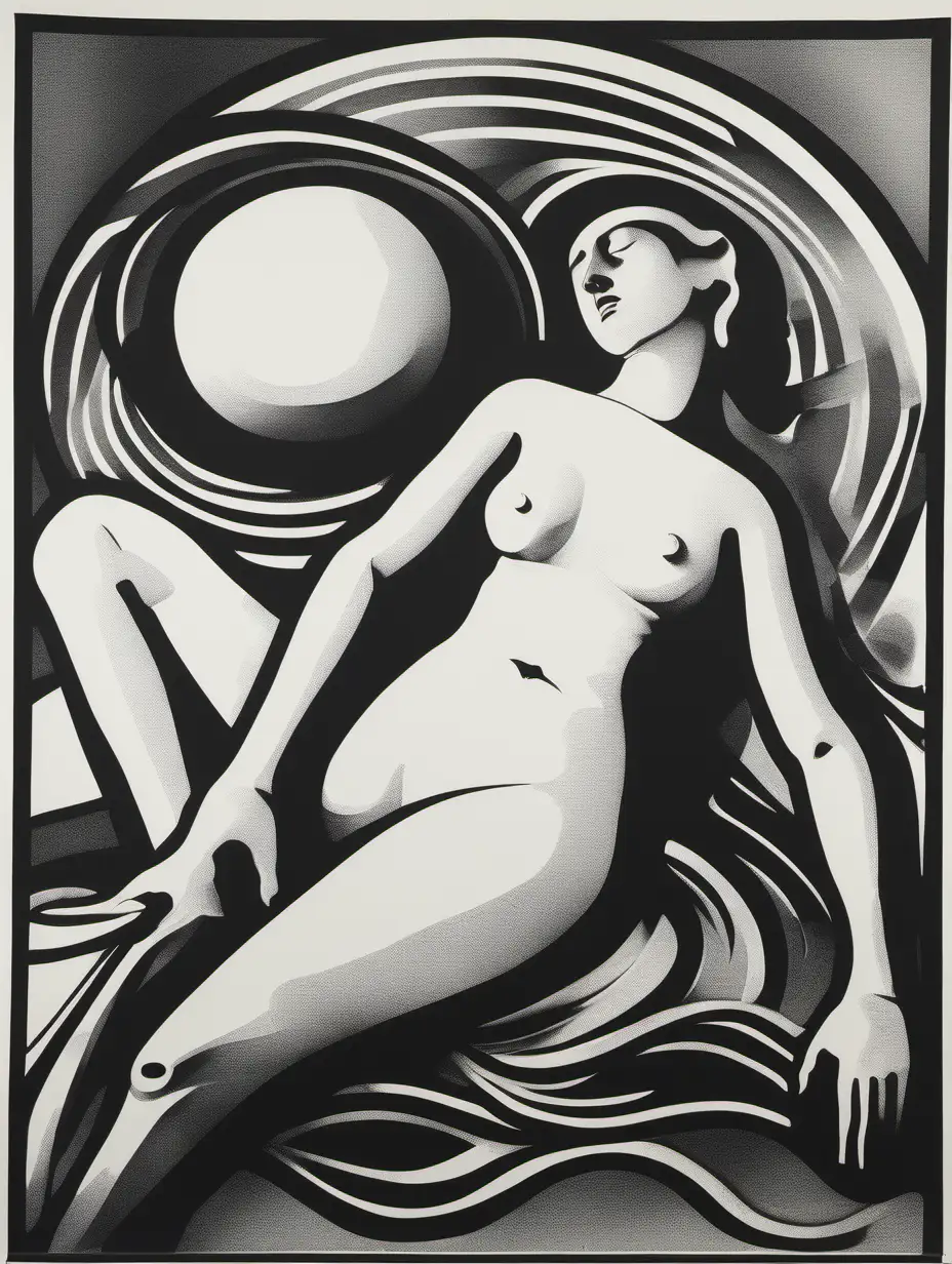 print in bold black and white style of a recumbent woman figure