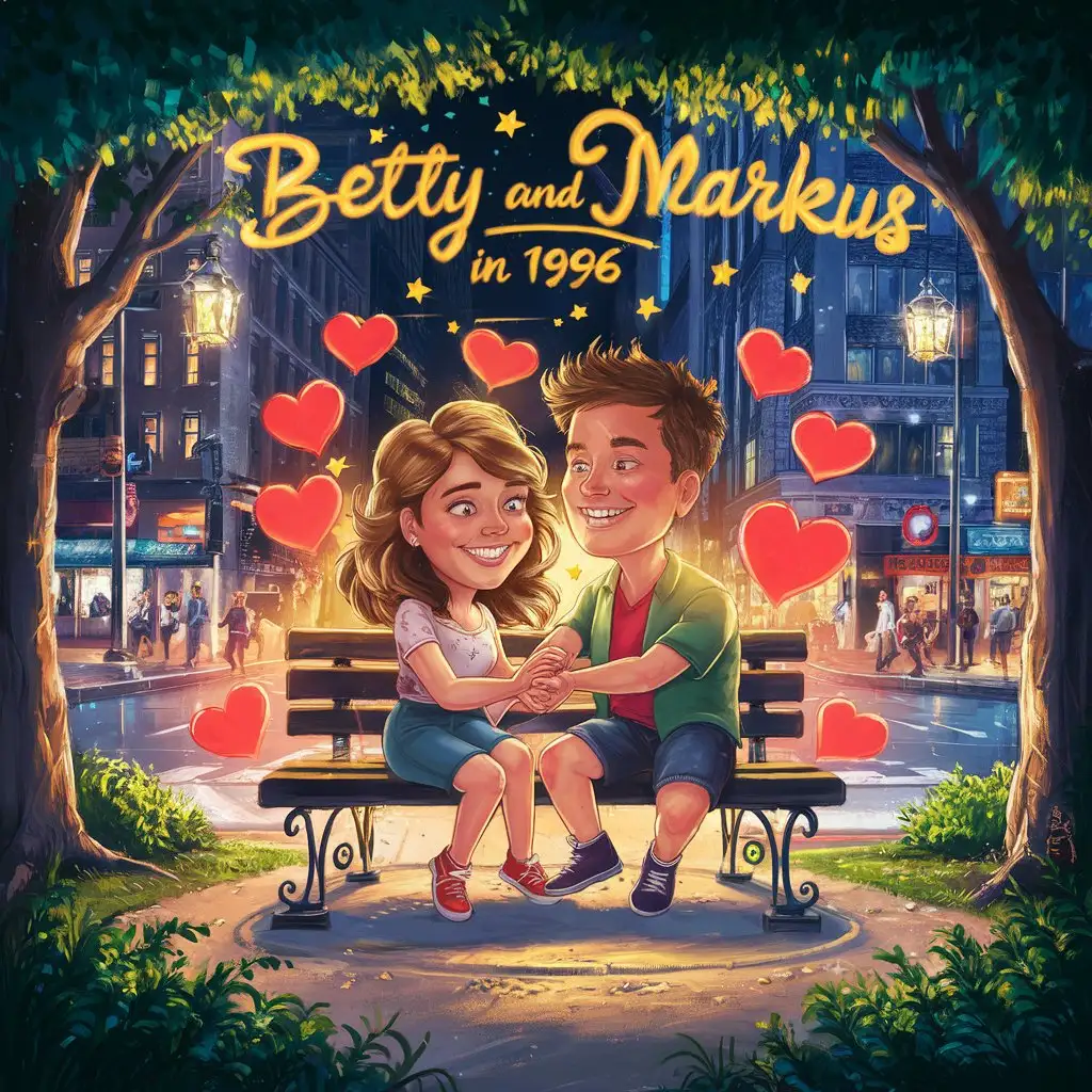 eine reine TEXT Darstellung: Betty + Markus in Summer 1996, hearts, stars, light, park, trees, streets, city, night,