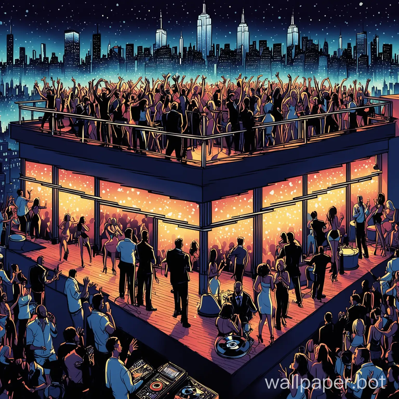 Create a New York Night club with a busy crowd on a Roof Top with House music - illustration
