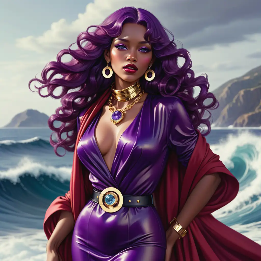 An glossy Woman.tall woman with long, purple, wavy hair that flows,with full lips. wears a loose, red evening gown with a belt and large gold buttons; a violet top with matching tights or stockings under her gown; a set of red high heels; and a large, golden scarf around her shoulders and arms. 
A Legendary Ocean.BMW 335i
,
APATITE Jewelry,  Necklace, Rings and earrings. Black woman painterly smooth, extremely sharp detail, finely tuned, 8 k, ultra sharp focus, illustration, illustration, art by Ayami Kojima Beautiful Thick Sexy Black women 