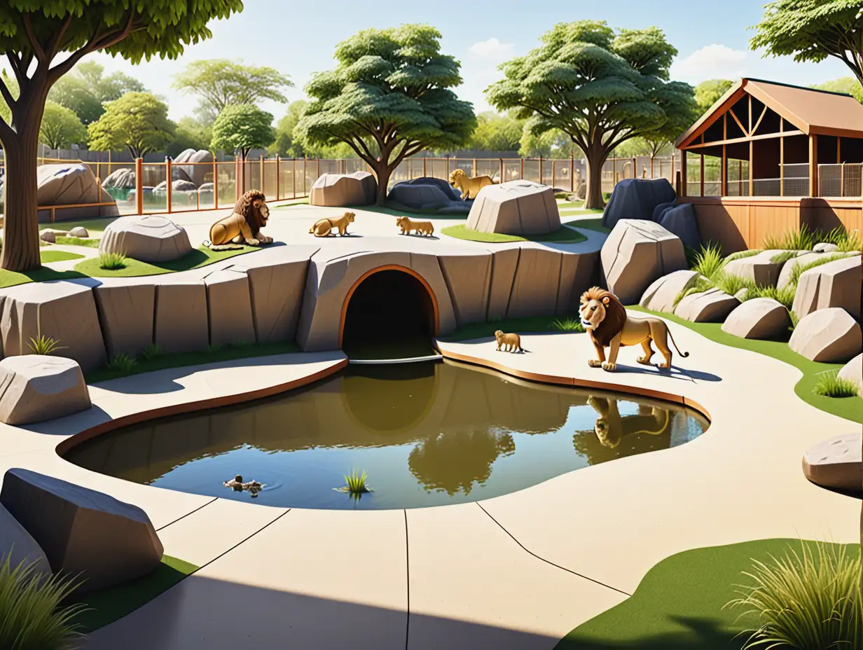 cartoon Cartoon-style lion exhibit at a zoo with large rocks, grassy areas, and a small pond. The enclosure features a naturalistic design with trees and bushes, a sandy area for lounging, and a wooden shelter. There are also viewing areas with glass panels for children to safely observe the habitat