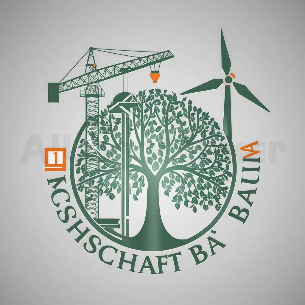a logo design,with the text 'Fachschaft BaUm', main symbol:Create a circular logo showing a crane, a tree, and a wind turbine. The name of the logo should be on the edge. It should contain a primary and secondary color, but also recognizable in black and white.