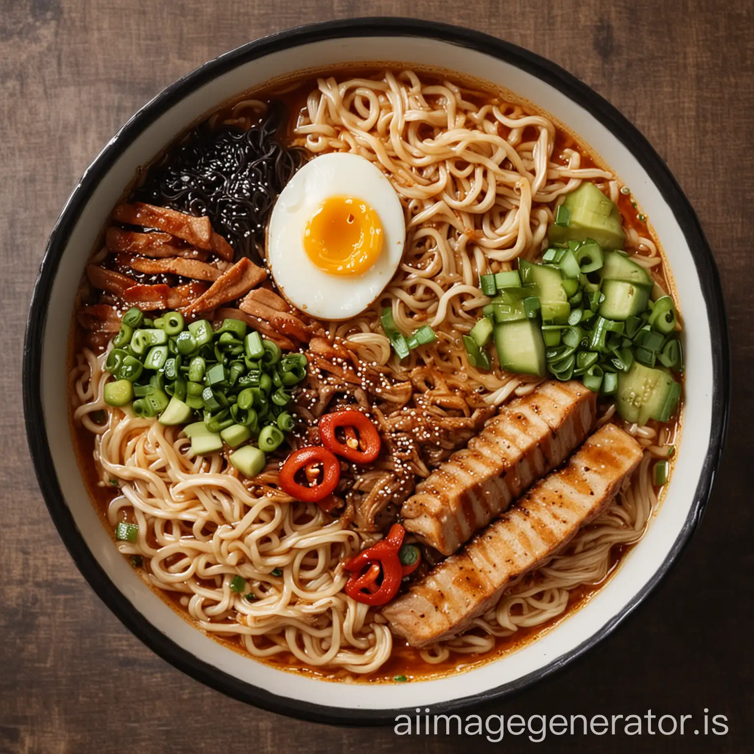 spicy ramen bowl from top view