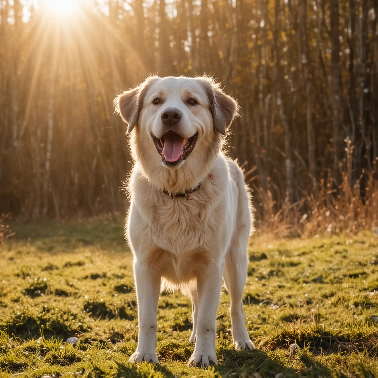 крупная счастливая собака стоит стоя и радостно с высунутым языком и счастливыми глазами аппетитом  ждет своего любимого хозяина  красивая природа счастье настроение светит солнце а в воздухе легкая дымка
