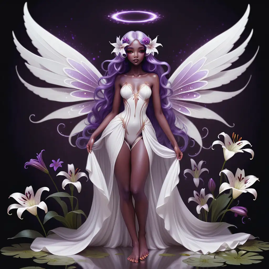 a full body head-to-toe image of a beautiful flower nymph with white wings dressed in a white gown, purple hair, brown eyes, and dark skin, lilies, no background, mystical, ethereal lighting, fantasy art