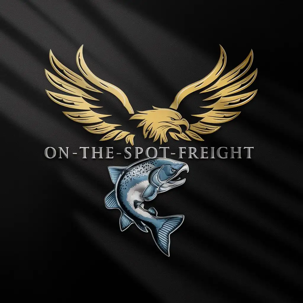 a logo design,with the text "On-The-Spot-Freight", main symbol:A majestic golden eagle spreading its wings and feathers while grasping a kingsalmon with its claws. Black background.,Moderate,clear background