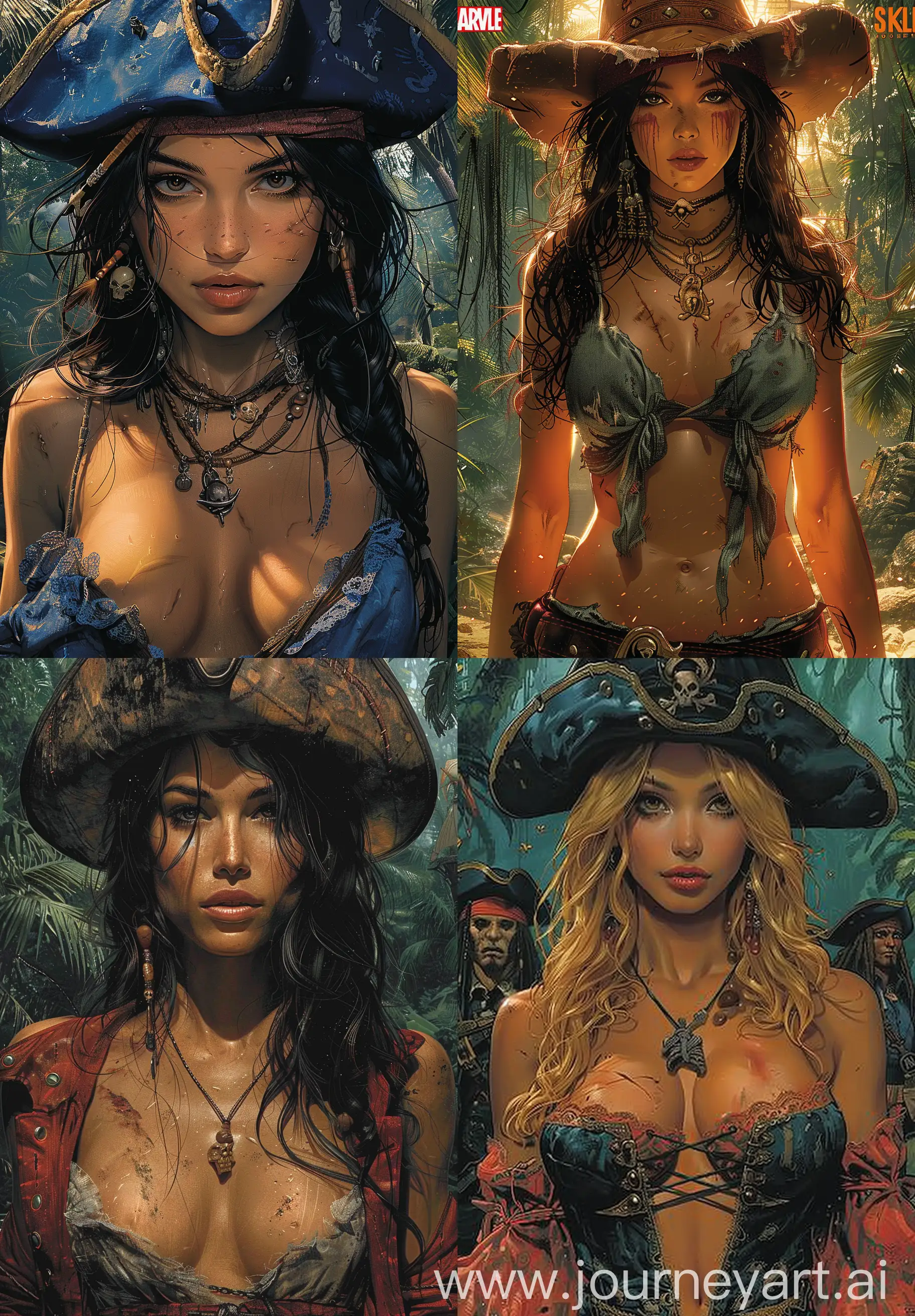 The journey of a pirate gang led by a beautiful and brave female captain to the mysterious Skull Island in search of treasure, intricate details, Jim Lee style, comic book cover style,, --ar 9:13 --v 6.0 --s 750 